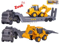 Xe tải 30cm chạy bằng bánh đà dùng pin có âm thanh + máy đào 13cm chạy bằng bánh đà 2 loại trong hộp dài 37 cm